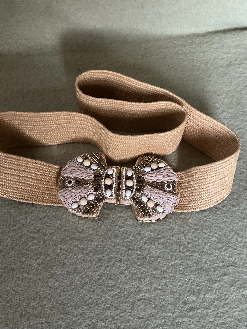 Chico's Pink Blush Elastic Belt with Beaded Bow Clasp